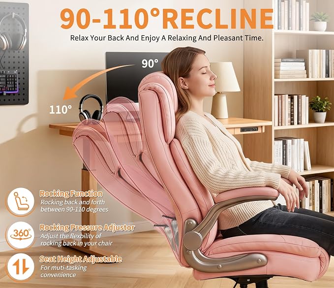 Large High Back Office Chair - Adjustable Lumbar Support Flip Up Arms Heavy Duty Quiet Wheels Metal Base Breathable Bonded Leather Ergonomic Executive Computer Desk Chair with Storage Bags, Pink