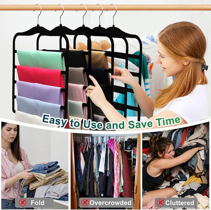 Closet Organizers and Storage, 3 Pack Pants-Hangers-Space-Saving, Velvet Non Silp 5 Tier Scarf Jeans Closet Organizer,Dorm Room Essentials for College Students Girls Boys Guys,Organization and Storage