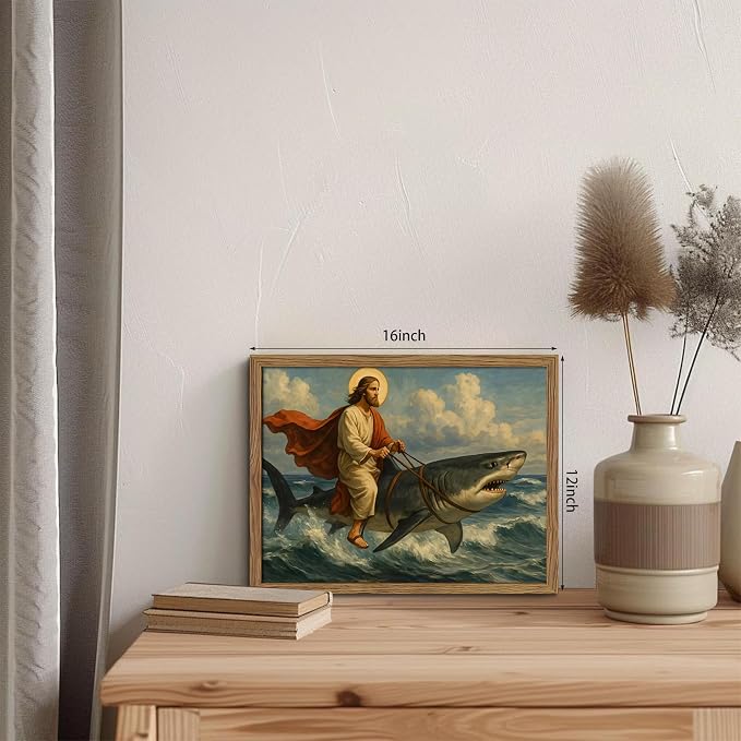 Framed Jesus Riding a Shark Wall Art, Humorous Christian Canvas Print, Fun Jesus Oil Painting, Religious Comedy Wall Decor, Christian Home Decor Gift for Living Room Bedroom Bathroom 12x16 inch