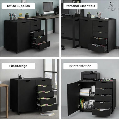 Naomi Home Under Desk Rolling Office File Cabinet with 5 Drawers & Side Storage Cabinet, Mobile Organizer with Shelves & Swivel Casters for Home Office - Black