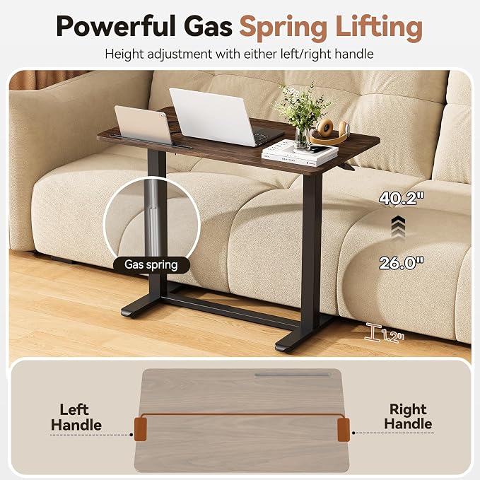 Mobile Standing Desk, 35inch Small Rolling Table with Drawer, Height Adjustable Sit Stand Workstation, Walnut Portable Laptop Cart with Hidden Wheels or Lockable Casters