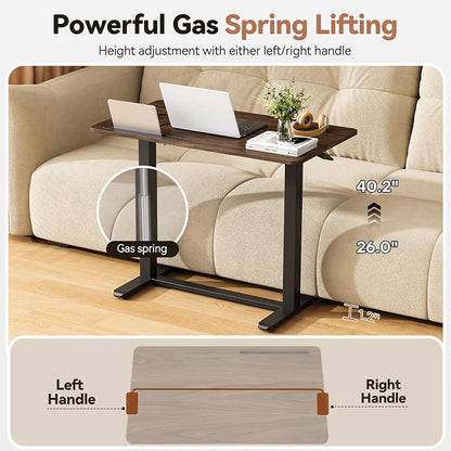 Mobile Standing Desk, 35inch Small Rolling Table with Drawer, Height Adjustable Sit Stand Workstation, Walnut Portable Laptop Cart with Hidden Wheels or Lockable Casters