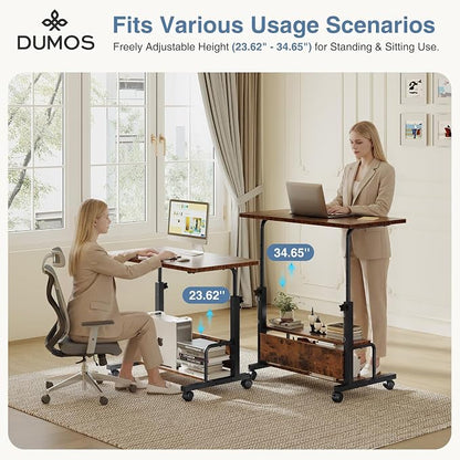 DUMOS 31.5" Mobile Rolling Desk with 2-Tier Storage Shelves, Height Adjustable Computer Desks on Wheels, Portable Rolling Laptop Table for Small Spaces & Home Office Rustic Brown