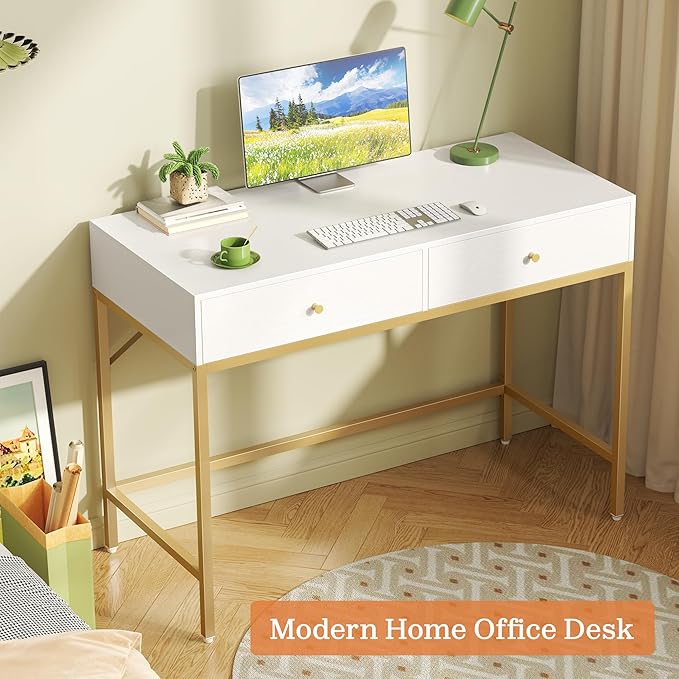 SUPERJARE 39.4" White and Gold Desk with 2 Drawers, Modern Makeup Vanity Desk, Small Computer Desk Home Office Desk for Writing Study Bedroom