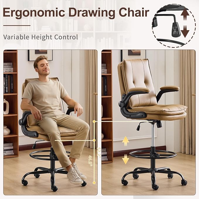 Karl home Tall Drafting Chair, Faux Leather Khaki | 330Lbs Capacity, Tall Office Chair for Standing Desk, Adjustable Height with Foot Ring, Flip-Up Armrests, PU Executive Chair
