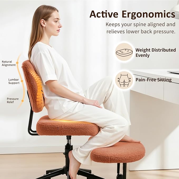 Criss Cross Chair Armless Office Chair for Cross Legged Sitting, 300lb Heavy Duty Ergonomic Desk Chair for ADHD, Adjustable Meditation Yoga Kneeling Chair with Brake Wheels for Home Office (Brown)