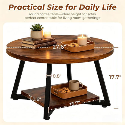 Round Coffee Table for Living Room, 27.6“ Circle Coffee Table, 2-Tier Industrial Coffee Tables with Storage, Wood Coffee Table, Modern Accent Table for Apartment, Office, Small Space, Rustic Brown