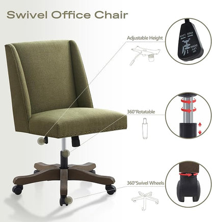 Zihanhome Upholstered Armless Office Chair with Wooden Legs, Modern Adjustable Home Office Desk Chair Computer Chair Swivel Chair for Home Office Study Studio (Green)