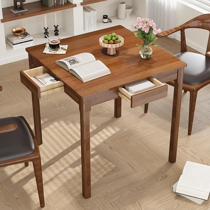 Solid Wooden Desk with Drawers - 29.5” Square Dining Table for 2-4 People, Rubberwood Mid Century Modern Desks, Small Writing Desk for Small Spaces|Bedroom|Kitchen|Apartment - Walnut Desks