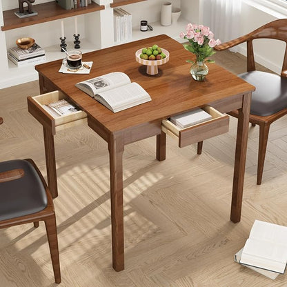 Solid Wooden Desk with Drawers - 29.5” Square Dining Table for 2-4 People, Rubberwood Mid Century Modern Desks, Small Writing Desk for Small Spaces|Bedroom|Kitchen|Apartment - Walnut Desks