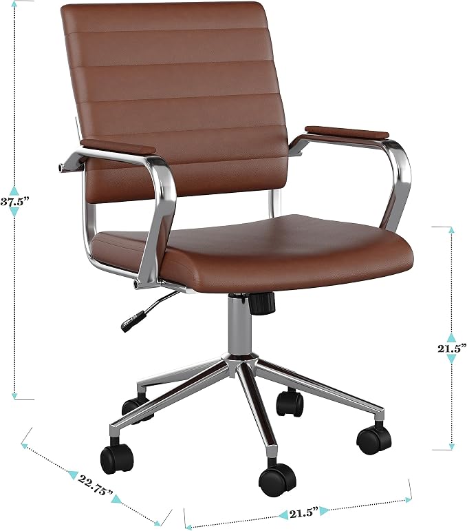 Martha Stewart Piper Swivel Task Chair with Armrests for Home Office in Saddle Brown Faux Leather with Polished Nickel Frame