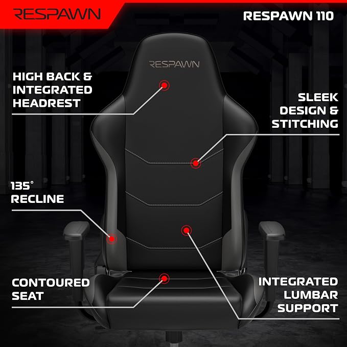 Respawn 110 Ergonomic Gaming Chair - Reclining Office Video Game Swivel Chair with Lumbar Support, Headrest, Heavy Duty, High Back, Racing Style Gaming Recliner Seat for Computer Gamer - Gray