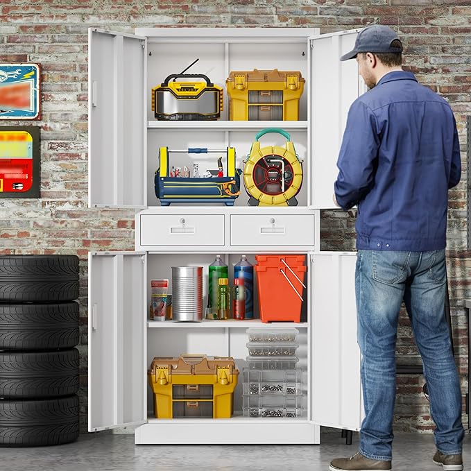 BESFUR Metal Storage Cabinet with 2 Drawers and Adjustable Shelves, 71" H Reinforced Heavy Duty Locking Storage Cabinet for Office, Garage, Home, School, Utility(White)