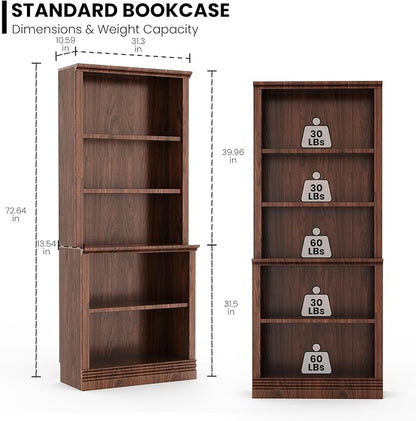 72 in Tall Bookcase, Dark Cherry 31.3 in Wide Floor Standing Bookshelf, 5 Tier Large Floor Standing Display Storage Shelves with Adjustable Shelves for Living Room Hallway Home Office Bedroom