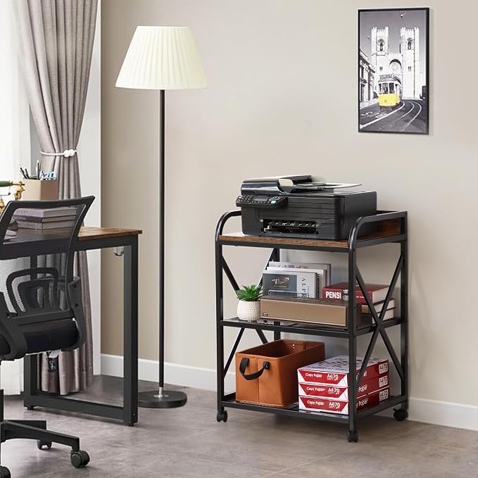 KATHY&BOB Large Printer Stand for Home Office, 23.6 x15.8 x 31.5 Inch Large Printer Table with Adjustable Storage Shelf, 3-Tier Mobile Rolling Printer Shredder Cart with Wheels, Stand for Heat Press