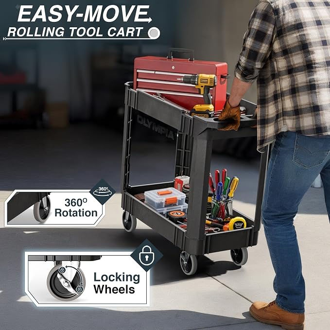 Olympia Tools 2 Shelf Black Rolling Utility Cart - Supports Up to 500 lbs, Comfort Handle - Heavy Duty Carts with Wheels - Great for Warehouse, Garage, Manufacturing, Cleaning
