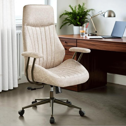 ovios Executive Ergonomic Office Chair, High Back Comfy Faux Suede Leather Computer Chairs, Mid-Century Modern Swivel Rolling Task Armchair, Beige