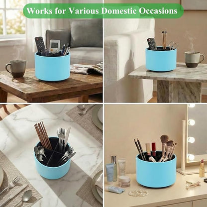 Round Leather Art Supply Organizer,Remote Control Holder,360 Degree Spinning,Multi-Functional Pencil Holder,4 Compartments Desktop Stationary Organizer(1-Sheep Blue)