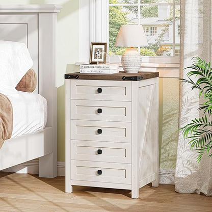 Halitaa 5 Drawer Storage Cabinet, Office Storage Cabinet with 5 Drawers, Small Farmhouse Printer Stand for Home Office, Rustic White and Brown