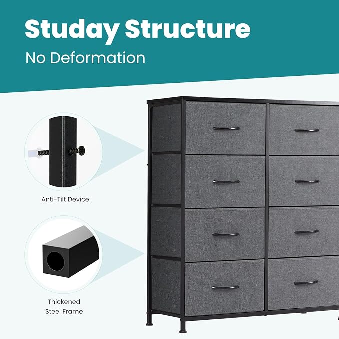 DUMOS 8 Drawer Dresser for Bedroom, Fabric Storage Organizer with Sturdy Metal Frame, Wooden Top Chest of Drawers for Closet Entryway Guest Room, Grey
