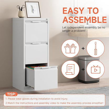 3 Drawer File Cabinet with Lock, Printer Stand, Office Filing Organizer, for A4 and Letter Size Files,Assembly Required(White)