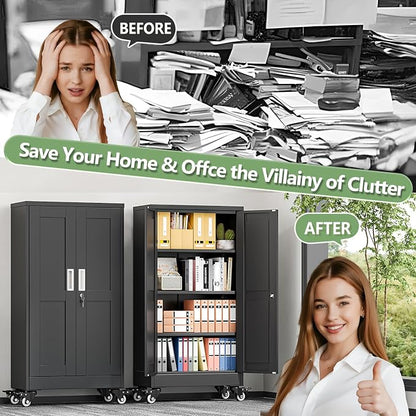 Metal Garage Storage Cabinets and storage system, 46”Tall Rolling utility cabinet with Wheels, Lock, 3 Adjustable Shelves, Heavy Duty Steel Tool Locker for Home Office, Utility Room, Gym,Black
