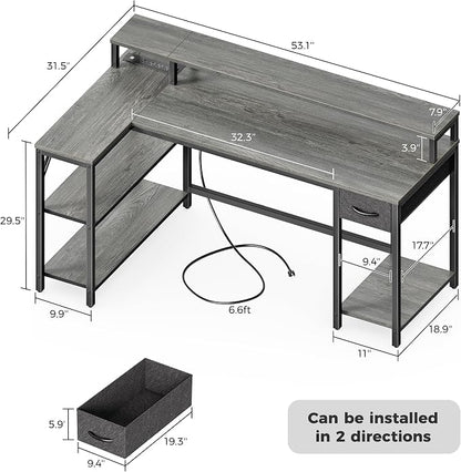 SUPERJARE 53 inch Reversible L Shaped Desk with LED Lights & Power Outlets, Computer Desk with Shelves & Monitor Stand, Gaming Desk with Drawer, Home Office Desk Corner Desk, Grey