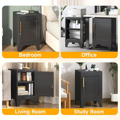 23.6"H Black Metal Locker Nightstand with 1 Lockable Door and 1 Adjustable Shelf, Small Storage Cabinet with Detachable Legs and Vintage Handle for Home Office,Living Room or Bedroom,Easy Assembly