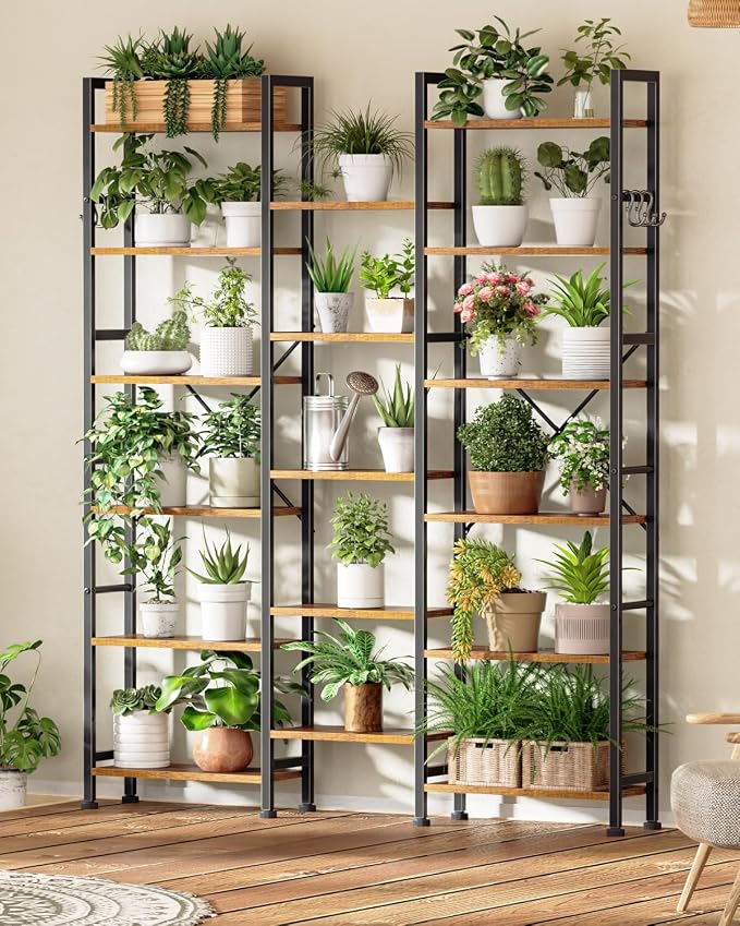 Furologee Triple Column 6 Tier Bookshelf, Large Bookcase with 17 Display Shelves, Wide Book Shelf with 6 Hooks, Adjustable Rustic Bookshelves Storage Organizer, Shelving Unit for Living Room, Office