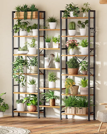 Furologee Triple Column 6 Tier Bookshelf, Large Bookcase with 17 Display Shelves, Wide Book Shelf with 6 Hooks, Adjustable Rustic Bookshelves Storage Organizer, Shelving Unit for Living Room, Office