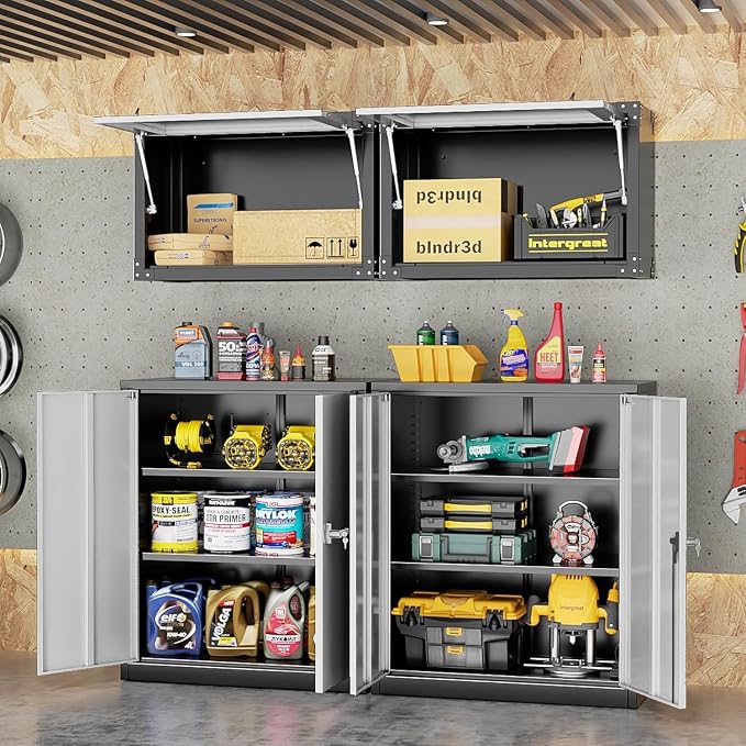INTERGREAT Metal Garage Storage Cabinet, 36" Lockable Storage Cabinet with 2 Doors and 2 Adjustable Shelves, Steel Grey White File Cabinet Great for Home Office, Garage, Warehouse, Study Room