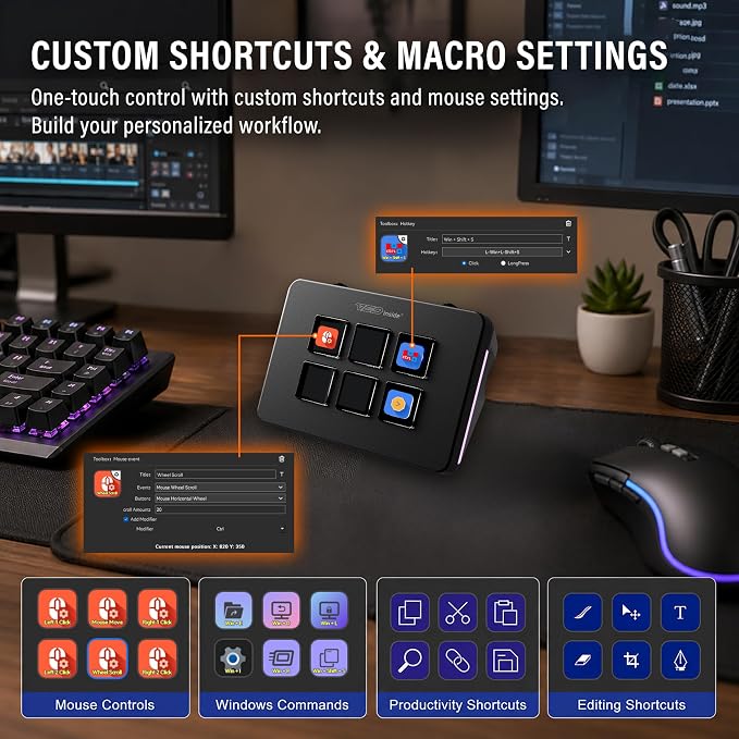 Mini Stream Controller Deck, Gaming Streaming Macro Pad Keypad, Shortcut Keyboard with 6 Programmable LCD Keys, Customizable Icons & RGB Light, USB Soundboard for Video Editing, OBS, PC, Mac