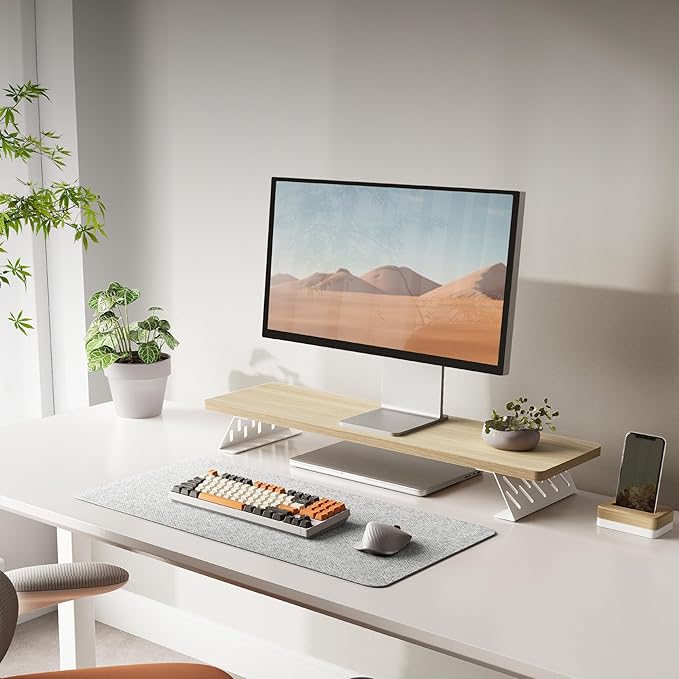 Fenge Monitor Stand Riser, 31.5 Inch Desk Top Shelf for 2 Monitors, Computer Stands for Desk, Wood & Steel Desktop Riser for Laptop, PC, Printer