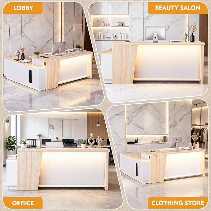 L-Shaped Executive Desk with LED Lights, Modern Reception Desk with AC Power Outlets/USB/Type-C, Executive Workstation with Locked Storage Cabinet, for Office (Wood/Beige, 51.18"L/29.92"W/29.73"H")