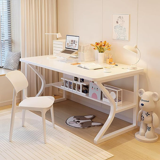 Small Computer Desk with Bookshelf, 39.4 Inch Writing Desk White | Storage Bookshelf Design; Space Saving Desk for Small Apartment; Home Office, Bedroom & Study Use; Compact Writing Table