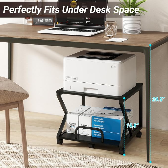 Natwind 2 Tier Printer Stand,19.7''x19.7'',with Pull Out Shelf,Black | Easy Reach for Lower Shelf Items,Rolling Printer Cart with Wheels, Fits Under Desk,Supports 180lbs,for Home Office Kitchen