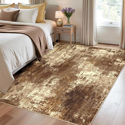 RELEANY Washable Area Rugs 4'x6' Non-Slip Modern Abstract Soft for Living Room Entryway Bedroom Kitchen, Print Pattern, Brown Tan Beige Coffee