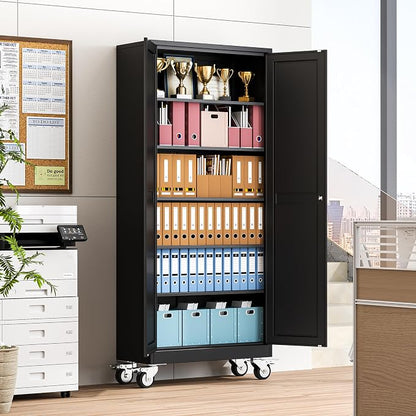 winiowa 75" Tall Metal Garage Storage Cabinet with Wheels, Steel Locking Rolling Tool Cabinet with 5 Adjustable Shelves for Garage,Home,Office (Black)