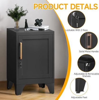 23.6" H Metal Locker Nightstand Set of 2,Black Locking Night Stand with Door and Adjustable Shelf, Small Side Table with Detachable Legs for Home Office,Living Room or Bedroom,Easy Assembly