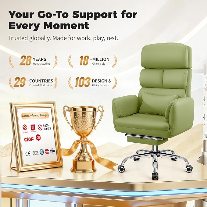 Big and Tall Office Chair 500LBS, Ergonomic High Back Leather Executive Chair, Reclining Swivel with Adjustable Armrests Lumbar Support Footrest, Cross Legged, Green