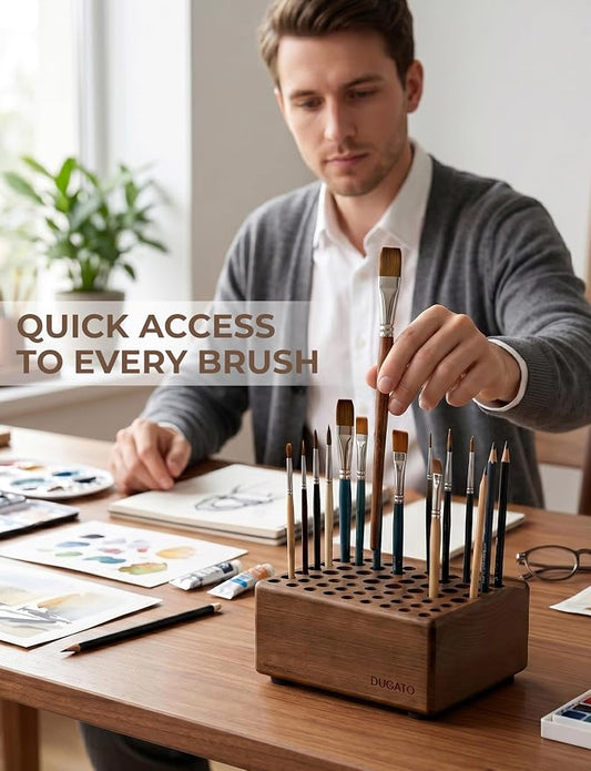 DUGATO Wooden Paint Brush Holder, 59 Hole Desk Organizer for Pencils, Pens & Art Supplies, Tabletop Brush Organizer Stand Holder with Built-In Rest Groove