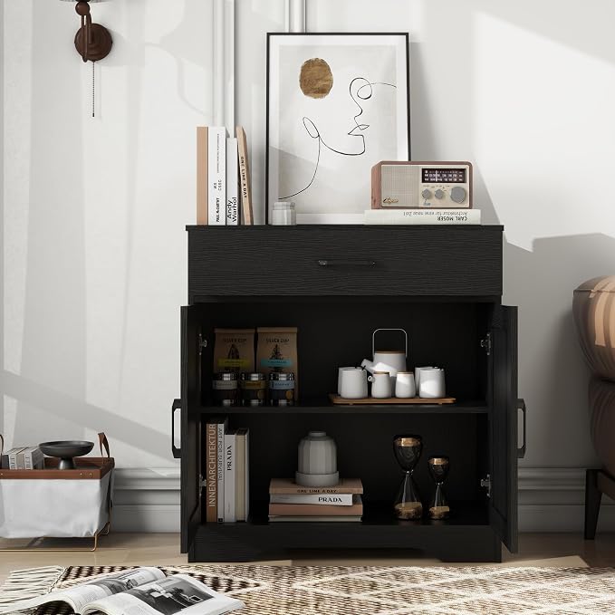 Panana Wooden Cabinet 1 Drawer and 2 Doors Storage Cupboard Coffee Bar Sideboard Farmhouse Entryway Organizer Console (Black)