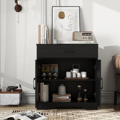 Panana Wooden Cabinet 1 Drawer and 2 Doors Storage Cupboard Coffee Bar Sideboard Farmhouse Entryway Organizer Console (Black)
