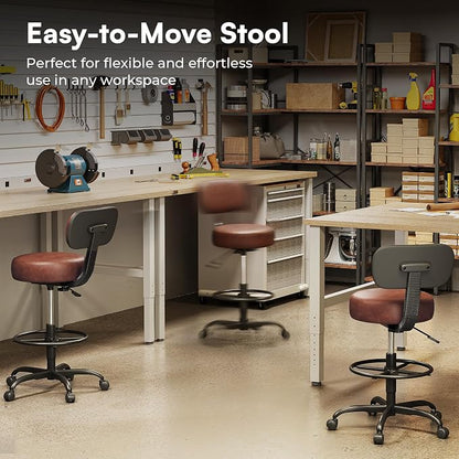 SUPERJARE Drafting Chair with Back, Adjustable Foot Rest Rolling Stool, Multi-Purpose Office Desk Chair, Thick Seat Cushion for Home Bar Kitchen Shop - Rustic Brown