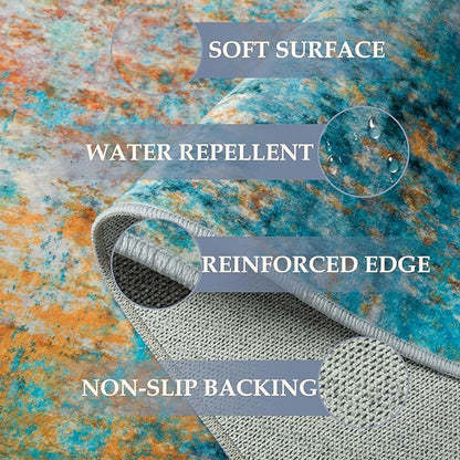 RELEANY Washable Area Rugs 5'x7' Non-Slip Modern Abstract Soft for Living Room Entryway Bedroom Kitchen, Print Pattern, Teal Blue Green Orange Rust Red Coloreful