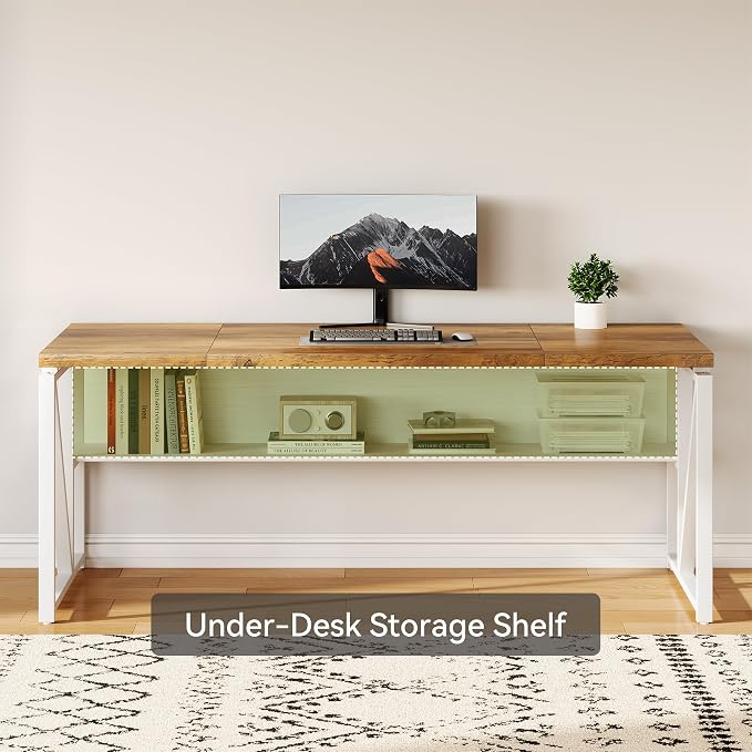LITTLE TREE 63-Inch Executive Office Desk, Large Computer Desk with Storage Shelf, Executive Desk with Metal Frame, Thickened Desktop, Study Writing Desk Work Station for Home Office, Rustic + White