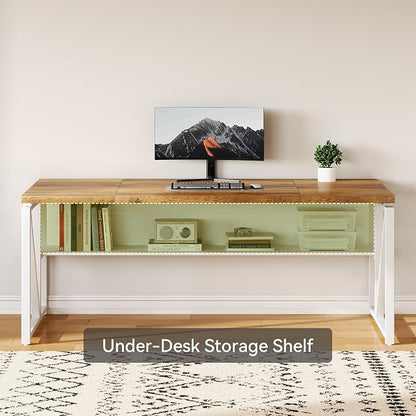 LITTLE TREE 63-Inch Executive Office Desk, Large Computer Desk with Storage Shelf, Executive Desk with Metal Frame, Thickened Desktop, Study Writing Desk Work Station for Home Office, Rustic + White