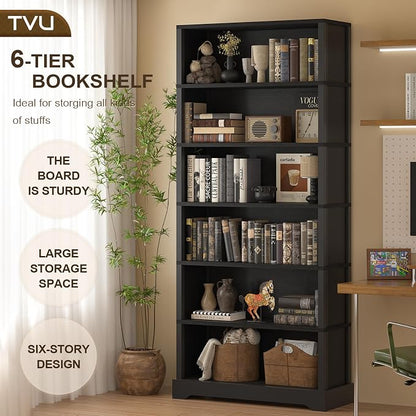 TVU 6-Tier Wooden Bookshelf, 77.2" Tall Farmhouse Style Open Bookcase, 31.5" W Standing Book Shelf with Storage, Suitable for Study, Living Room, Office, Blcak