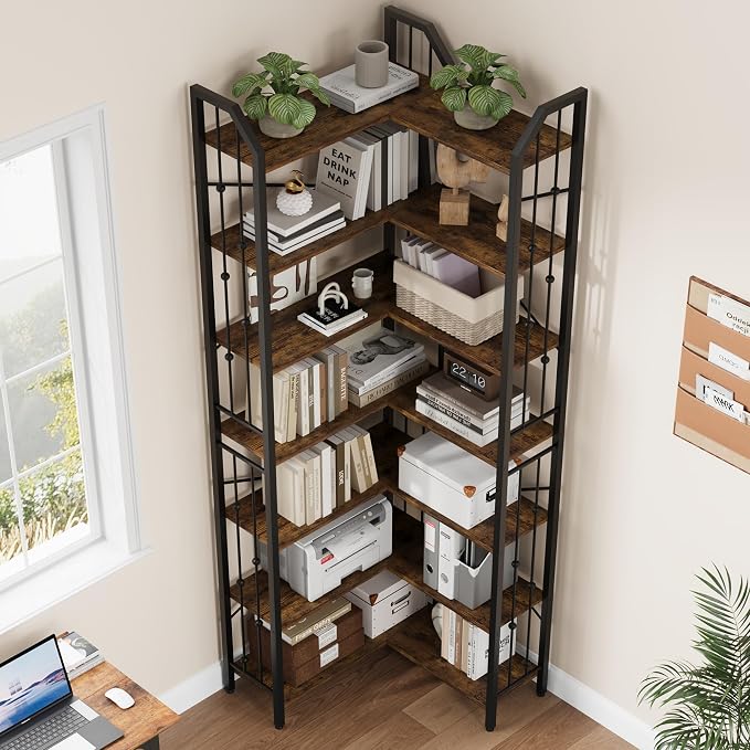 GarveeHome Corner Bookshelf 86" l Shaped Bookcase, Corner Bookshelves Industrial Bookcase 7 Tier l-Shape Bookshelf, Large Bookcases with Beaded Design Tall Display Rack Shelf for Living Room Bedroom