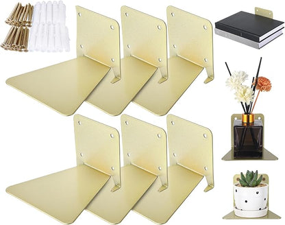 Jetec 6 Pack Invisible Floating Bookshelf Wall Mounted Floating Bookshelves Heavy Duty Book Organizers Hidden Book Shelf Metal Shelves Holder for Books Bedroom Living Room Home Office (Gold)